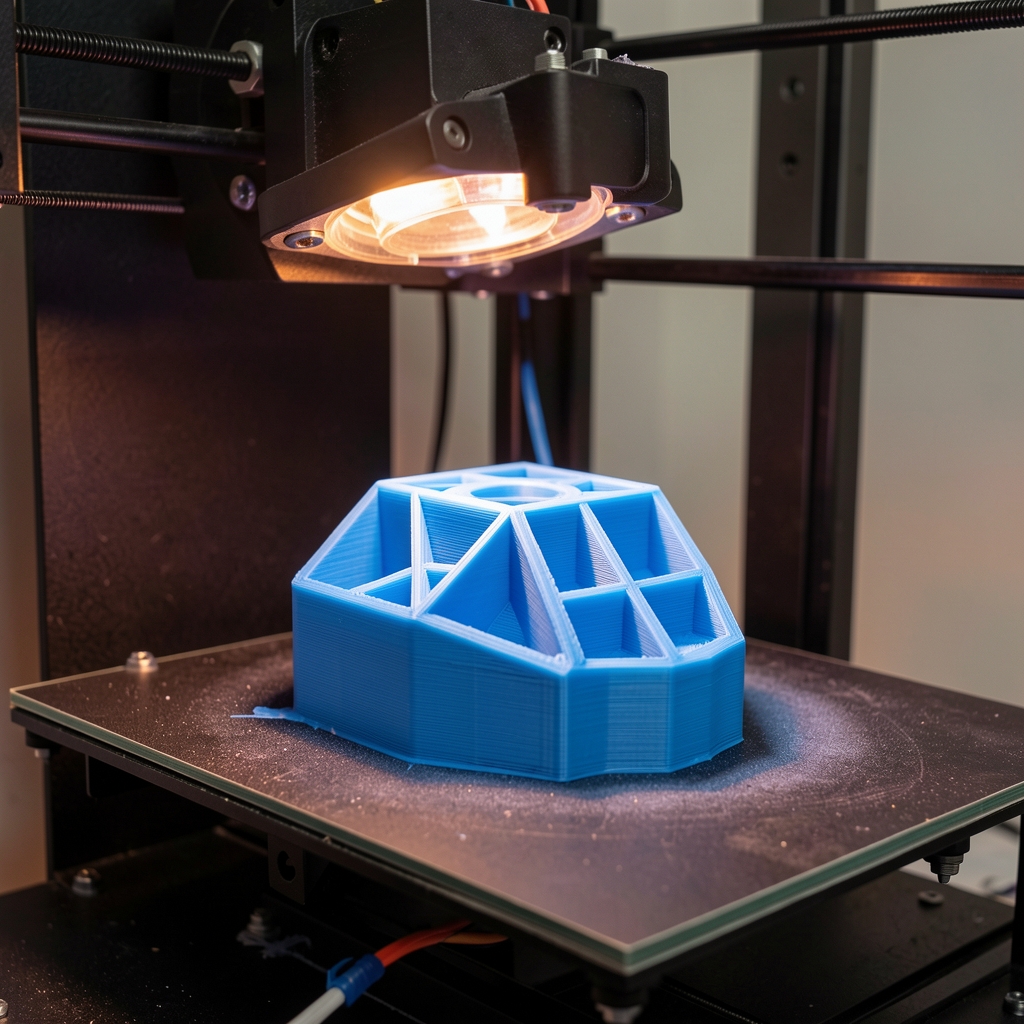 Процесс 3D-печати крупным планом: экструдер наносит слои пластика, оранжевый цвет нити контрастирует с белой платформой принтера